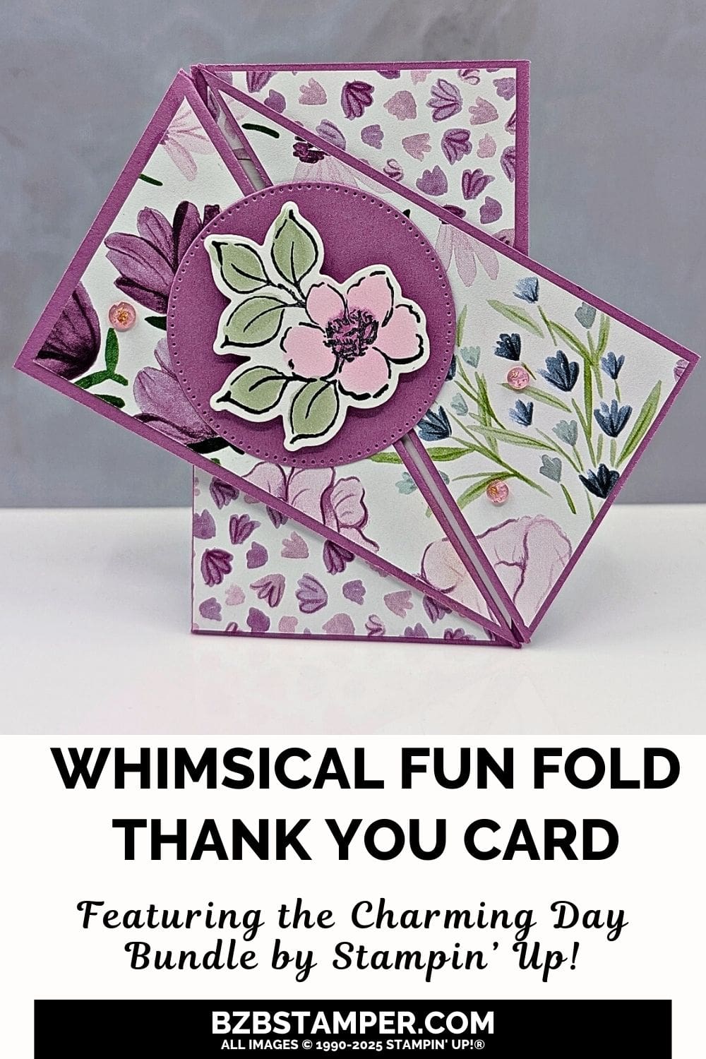 Coffee and a Card with a Charming Day Fun Fold in purples, pinks, and greens, with pretty paper and very unique fun fold.  Front of card features a die-cut flower on a die-cut circle.