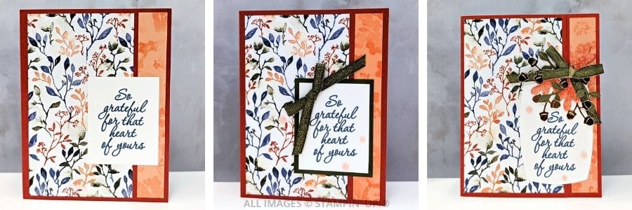 3 Cards using the Label Me Grateful Bundle in rust, navy and green, featuring beautiful paper and a sentiment "So grateful for that heart of yours."