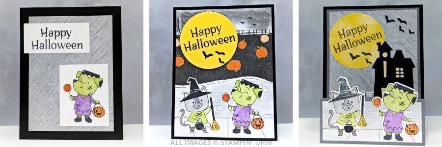 3 Cards using the Spooky Halloween Bundle in oranges, greens and purples, with cute animals and fun paper, with a "Happy Halloween" sentiment.