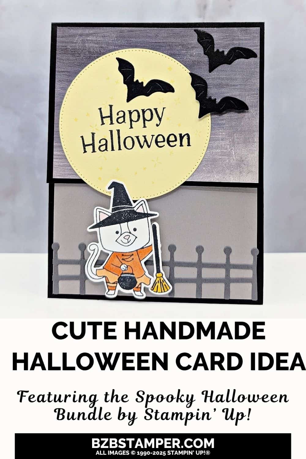 Coffee and a Card with the Spooky Halloween Bundle featuring a kitty witch carrying a pail and a broom against a fence in orange, yellow, and black.