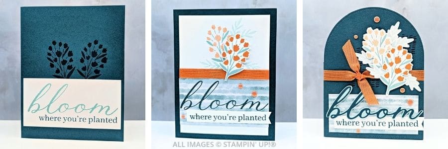 3 Cards using the Sweet Blooms Bundle in blues and oranges, with a "bloom where you're planted" sentiment and a floral bouquet.