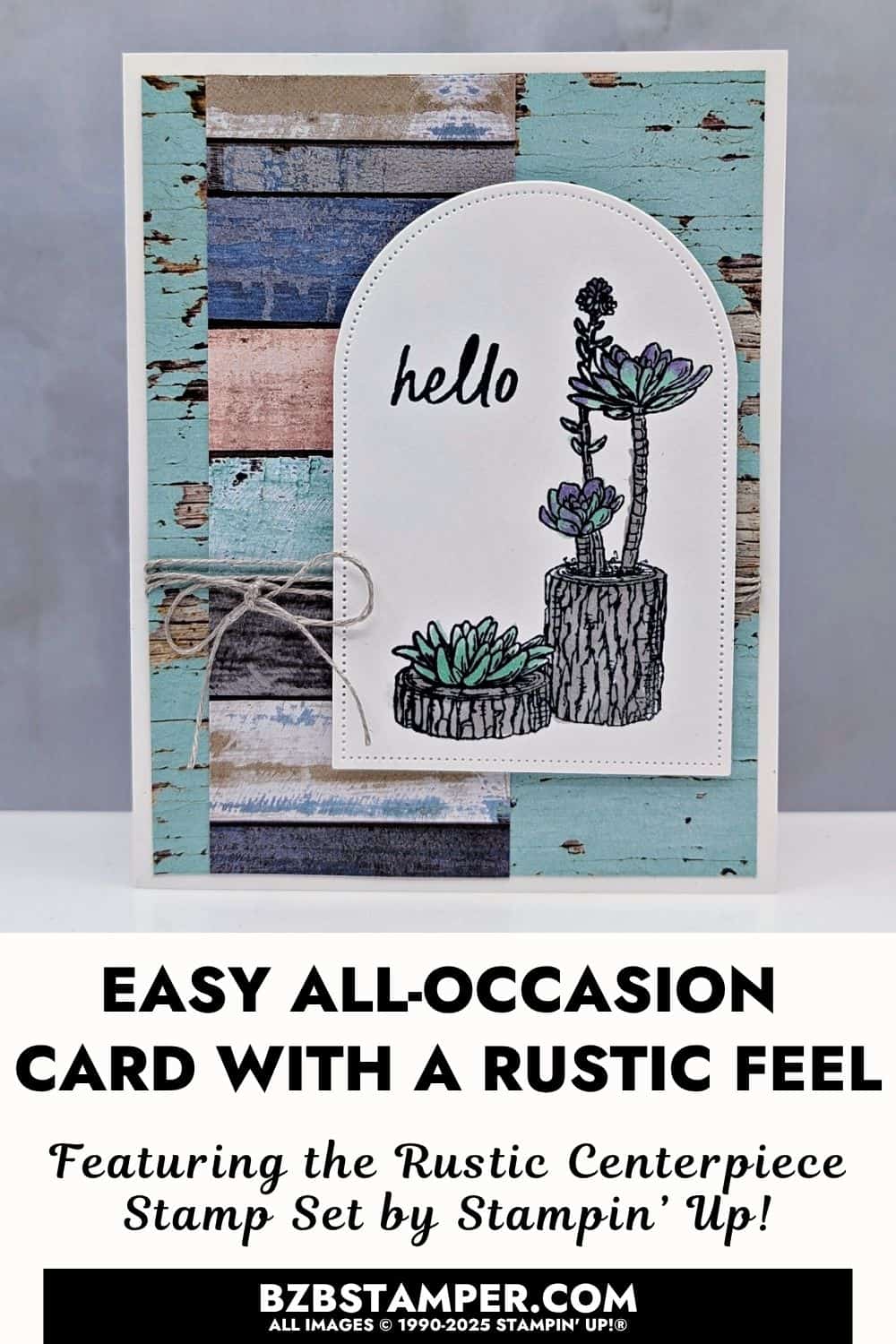 Coffee and a Card with Rustic Centerpiece featuring succulent plants in greens and purples and beachy woodgrain paper.  Sentiment is "hello"
