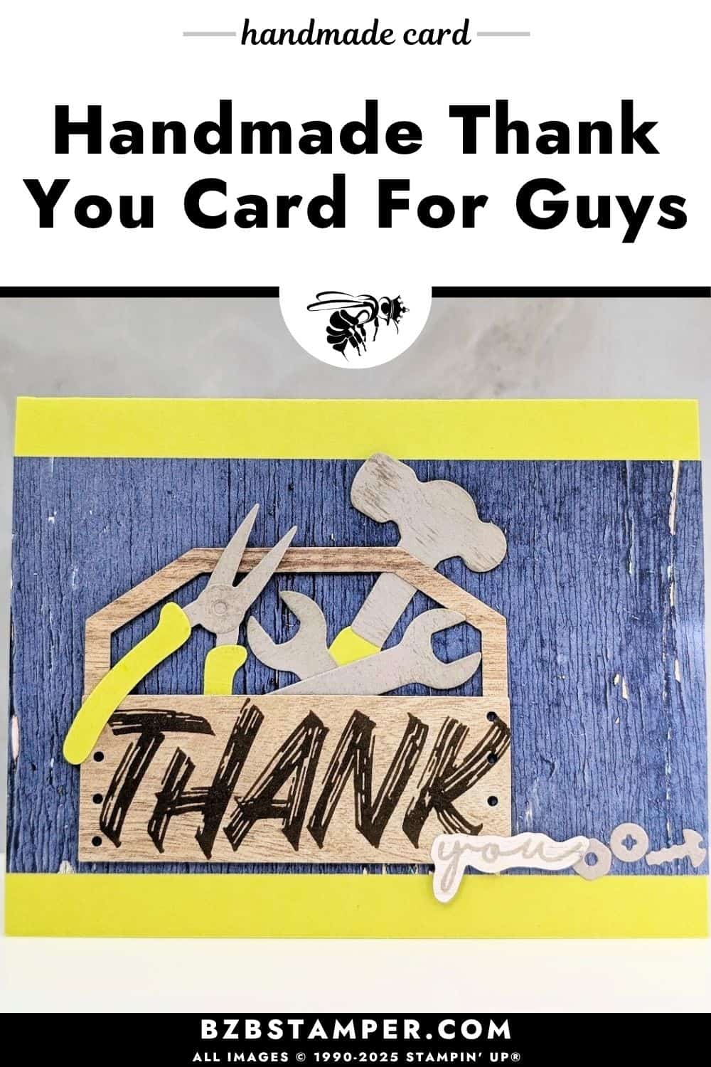 Masculine Thank You Card Using Layered Thoughts Stamp Set with a "thank you" sentiment featuring a box of tools, some pretty woodgrain paper and a bright green card base.
