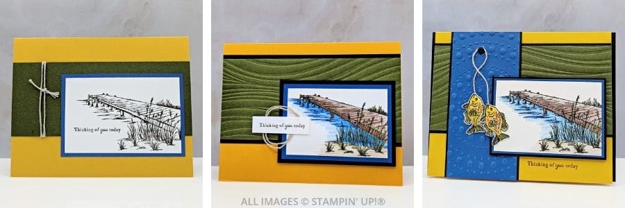 3 Cards using the Peaceful Pier Stamp Set in yellows, blues and greens featuring a dock on a lake, some embossing folders and some fish with a "thinking of you today" sentiment.
