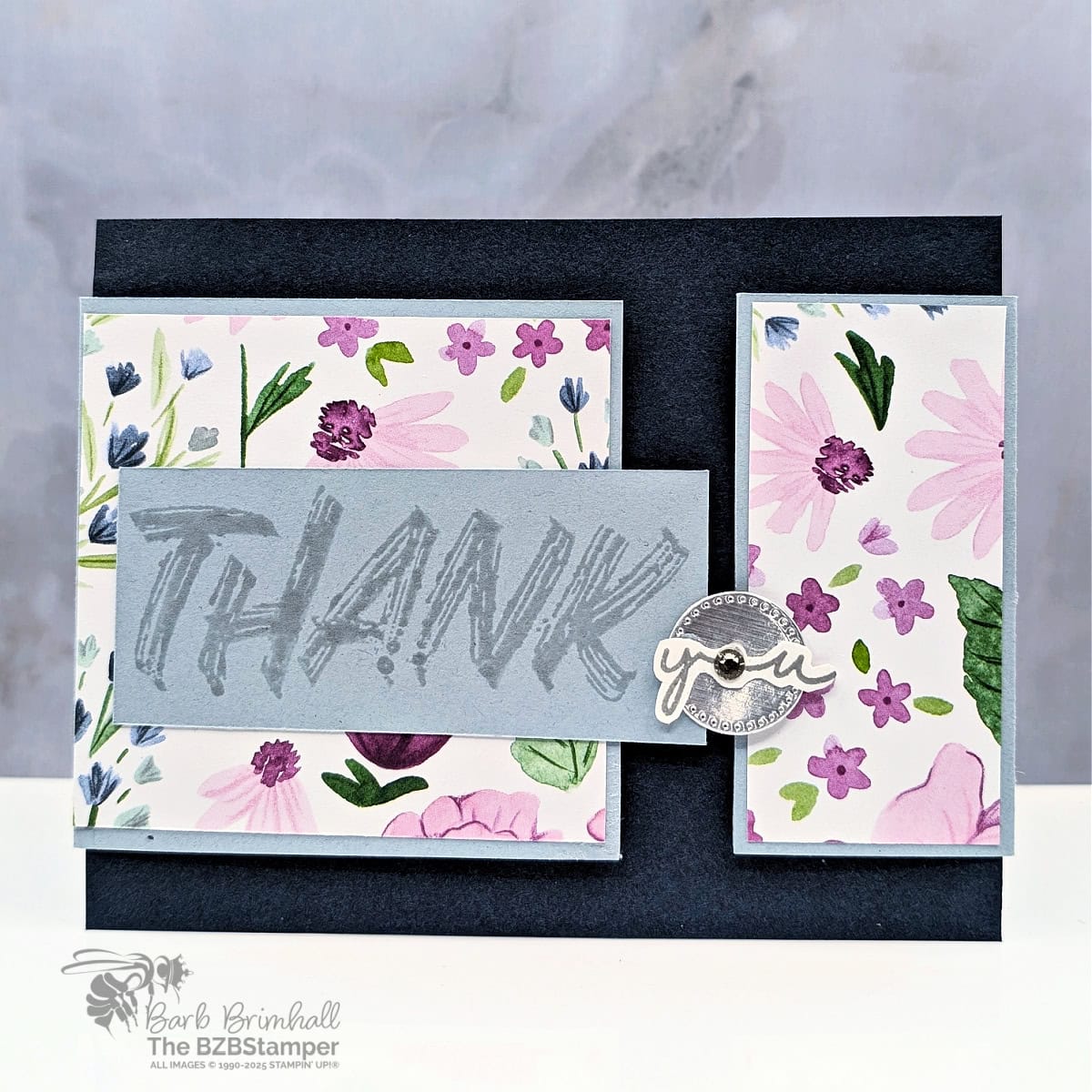 Coffee and a Card with Layered Thoughts Fun Fold featuring pretty floral paper in blues, purples and greens, a Thank You sentiment and some fun embellishments.