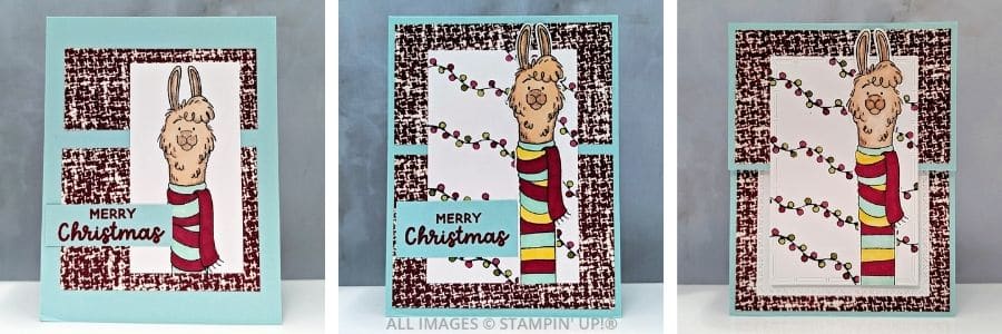 Holiday Cards using the Long Time No See Stamp Set featuring a Llama in a long colored scraf in yellow, red and blue and a pretty tweed background paper, with strung lights in the background and a "Merry Christmas" sentiment.