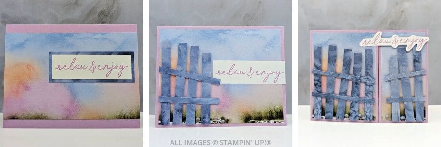 3 Stylish Projects with the Notes and Totes Bundle by Stampin’ Up! shown in a stepped-up progression. The first card is a simple stamped design on watercolor-look paper with the sentiment 'relax and enjoy.' The second adds a die-cut wooden fence element. The third is a more detailed version with layered fences, embellishments, and a die-cut sentiment.