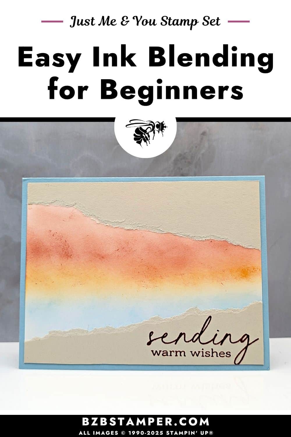 Notes and Totes Stamp Set using Soft Ink Blending 5 Handmade card featuring a softly blended ink background in warm sunset colors—Cajun Craze, Pumpkin Pie, and Azure Afternoon—framed with torn Basic Beige cardstock and stamped with the sentiment “sending warm wishes” in brown ink. Mounted on a Balmy Blue card base for a clean and calming finish.