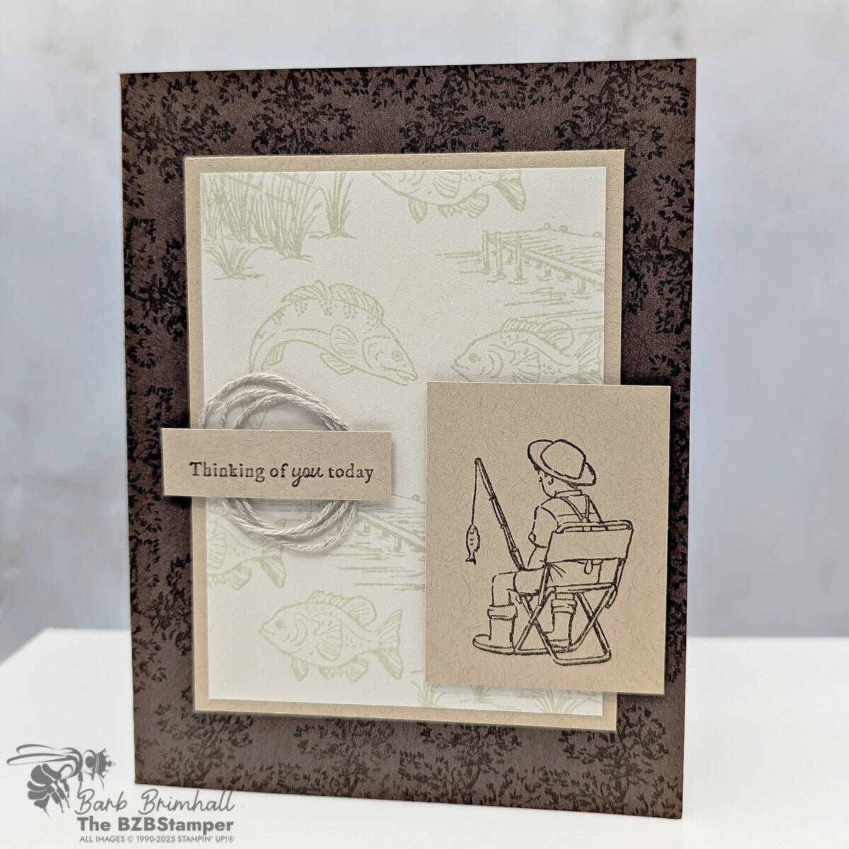 Quick and Easy Card with the Peaceful Pier Stamps in browns featuring a small boy fishing off a pier and a "Thinking of you today" sentiment.
