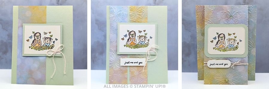 3 Cards using the Just Me and You Stamp Set featuring 2 girls, playing in a field of flowers, surrounded by butterflies.  Card is in shades or pastels with a "just me and you" sentiment.
