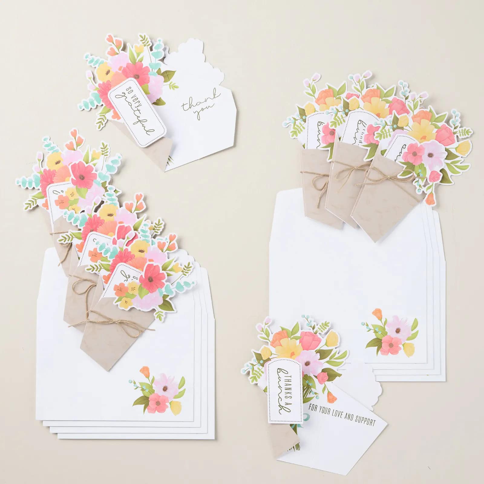 Bunch of Thanks All-Inclusive Card Kit makes handmade thank you cards featuring colorful floral bouquets, stamped gratitude sentiments, and matching envelopes in soft colors.