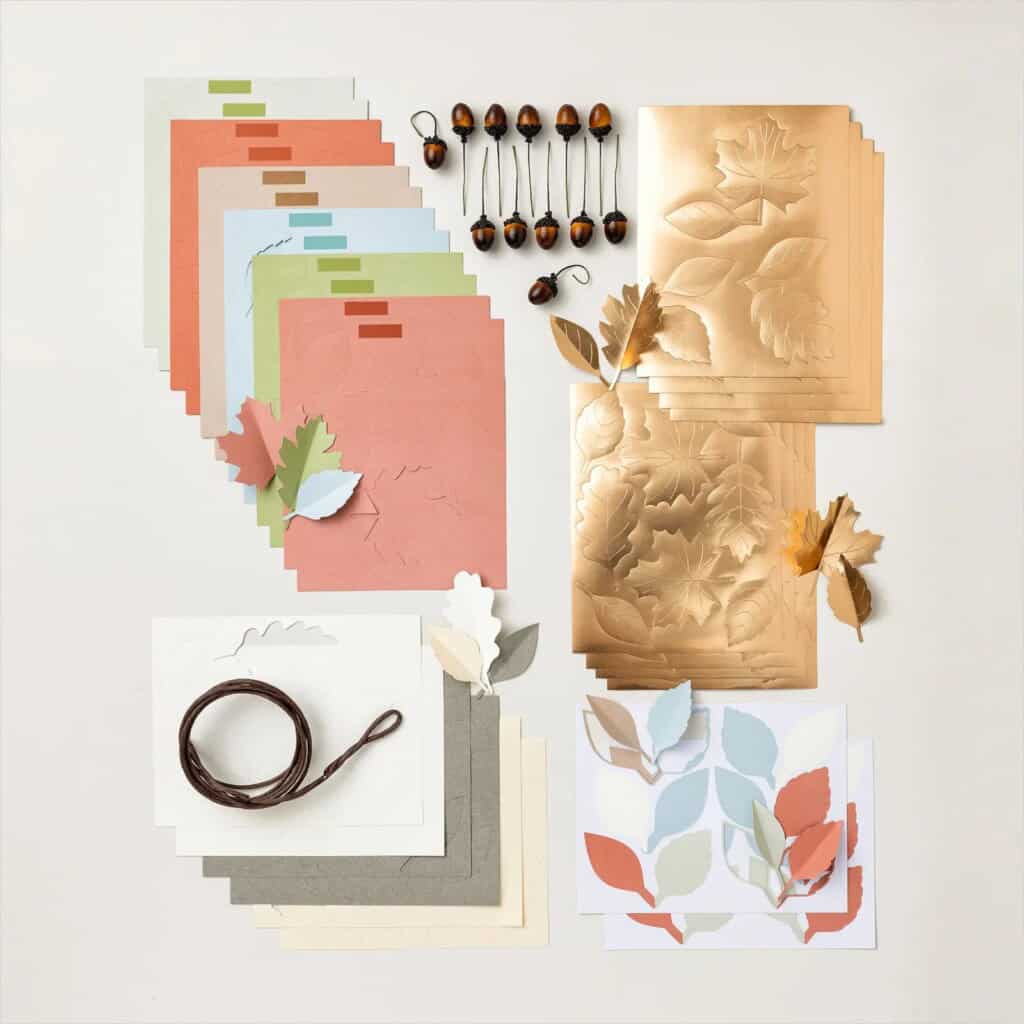 Harvest Home Garland Kit and what's included, featuring paper leaves, acorn accents and copper foil embellishments.
