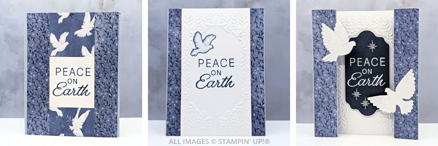 Three handmade cards created with the Peace on Earth Bundle by Stampin’ Up!, shown in Busy Bee, Worker Bee, and Queen Bee styles. Cards use Cloud Cover, Secret Sea, and Silver Glimmer colors, featuring stamped sentiments, embossed details, and die-cut doves.