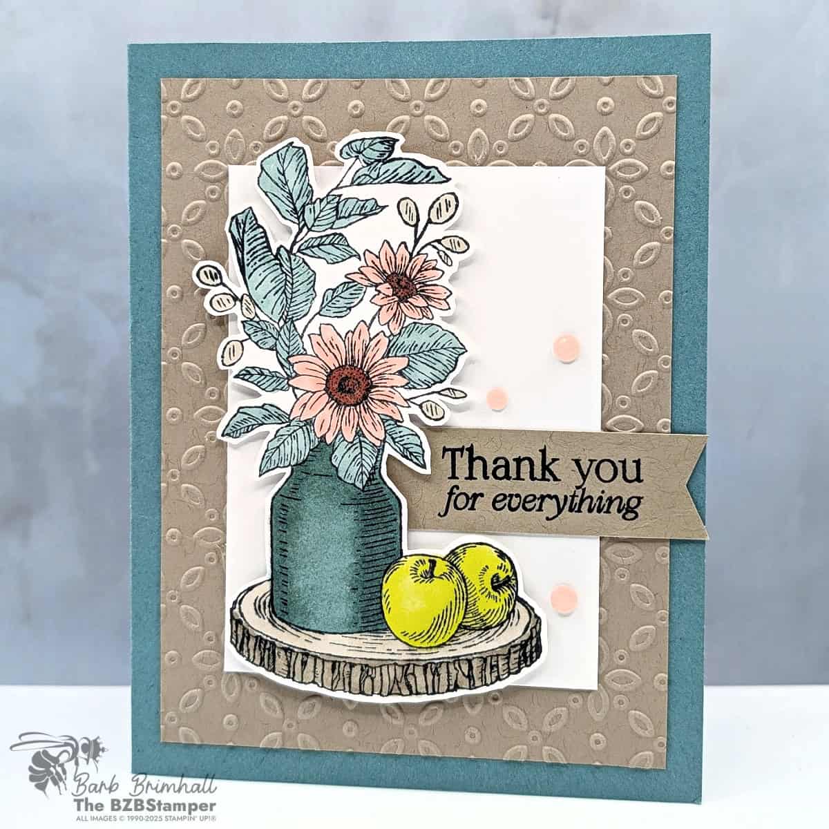 Rustic Centerpiece Thank You Card 1 Rustic Centerpiece Thank You Card with hand-cut stamped images colored in Lost Lagoon, Calypso Coral, Crumb Cake, and Lemon Lime Twist. Features textured embossed background and Charming Shimmer Dots.