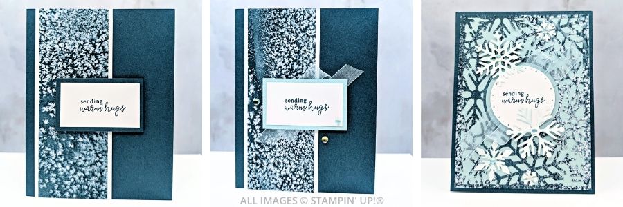 3 Cards using the Snowflake Kisses Bundle features three handmade winter cards created with the Stampin’ Up!® Snowflake Kisses Bundle. Each card steps up in detail, from a simple sentiment with patterned paper, to a layered design with ribbon and embellishments, to an intricate snowflake die-cut card in whites & blues.