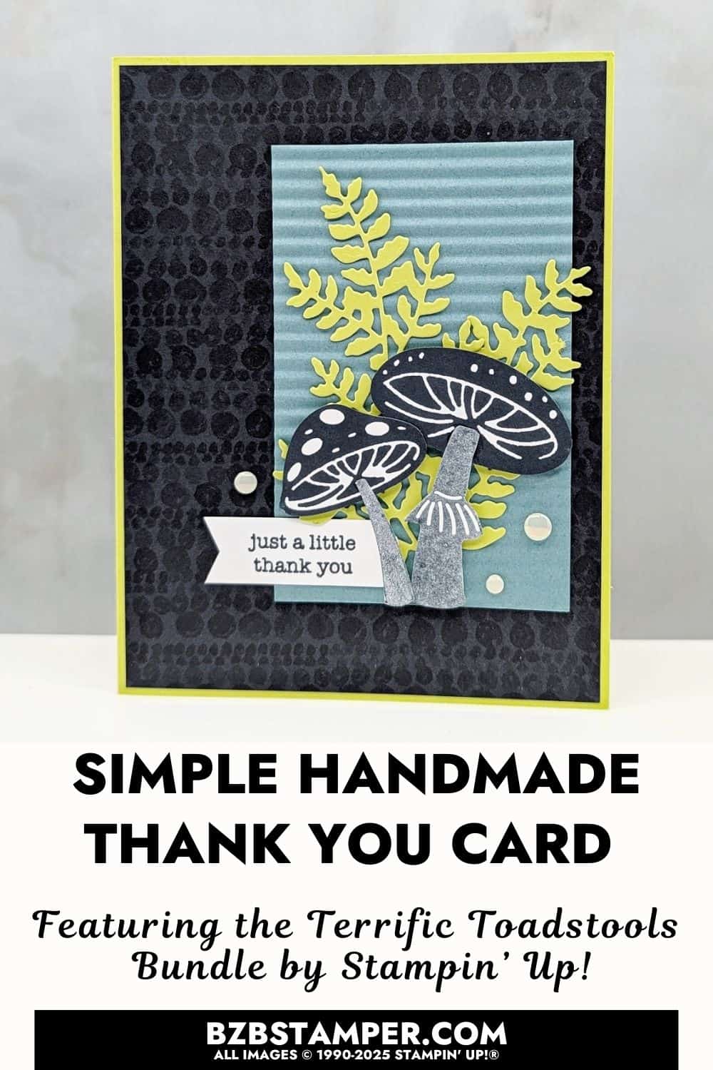 Terrific Toadstools Thank You Card Idea featuring Lemon Lime Twist, Lost Lagoon, and Secret Sea with Celebratory Sips Designer Paper, Mini Corrugated Folder, Antique Pearls, and Beautiful Motif Dies.