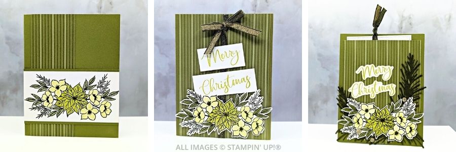 3 Cards using the Christmas Greenery Bundle shown in a Step It Up Stamping progression. The first card is simple with a stamped floral spray on an Old Olive base. The second card adds layers, die-cuts, and a gold ribbon bow with “Merry Christmas” sentiment. The third card is fully stepped up gift card holder with embossed stripes, extra greenery, ribbon, and bold layered florals.