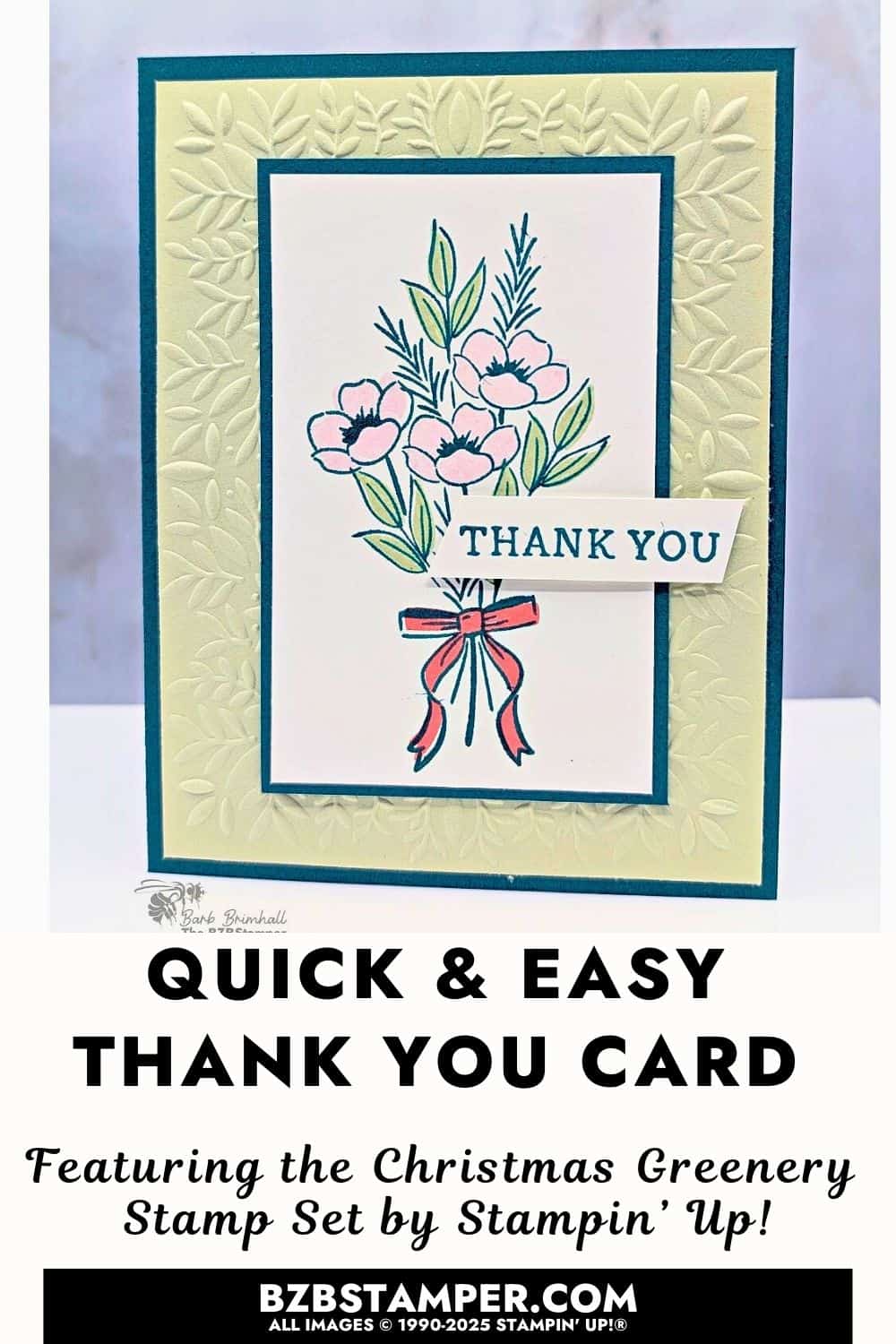 Coffee and a Card with the Christmas Greenery Set and Peaceful Greenery Embossing Folder. Features a bouquet of flowers tied with a bow, layered on an embossed Soft Sea Foam background with Pretty Peacock framing and Flirty Flamingo accents.