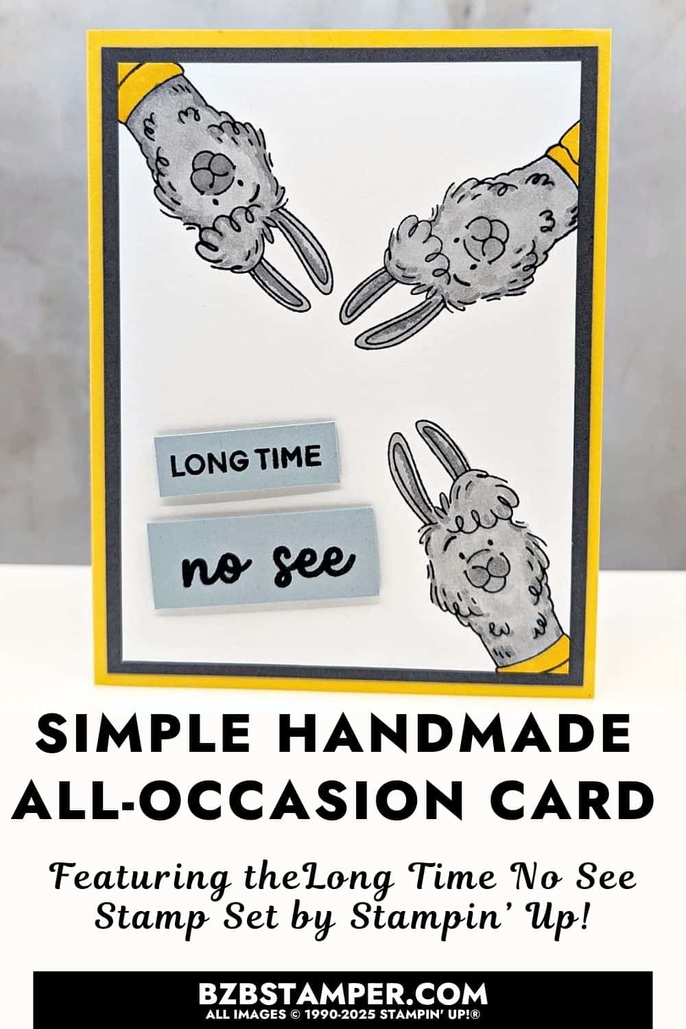 Handmade Card with the Long Time No See Stamp Set, featuring  llama images, sentiment “Long Time No See,” and color combo of Daffodil Delight, Basic Gray, and Cloud Cover.