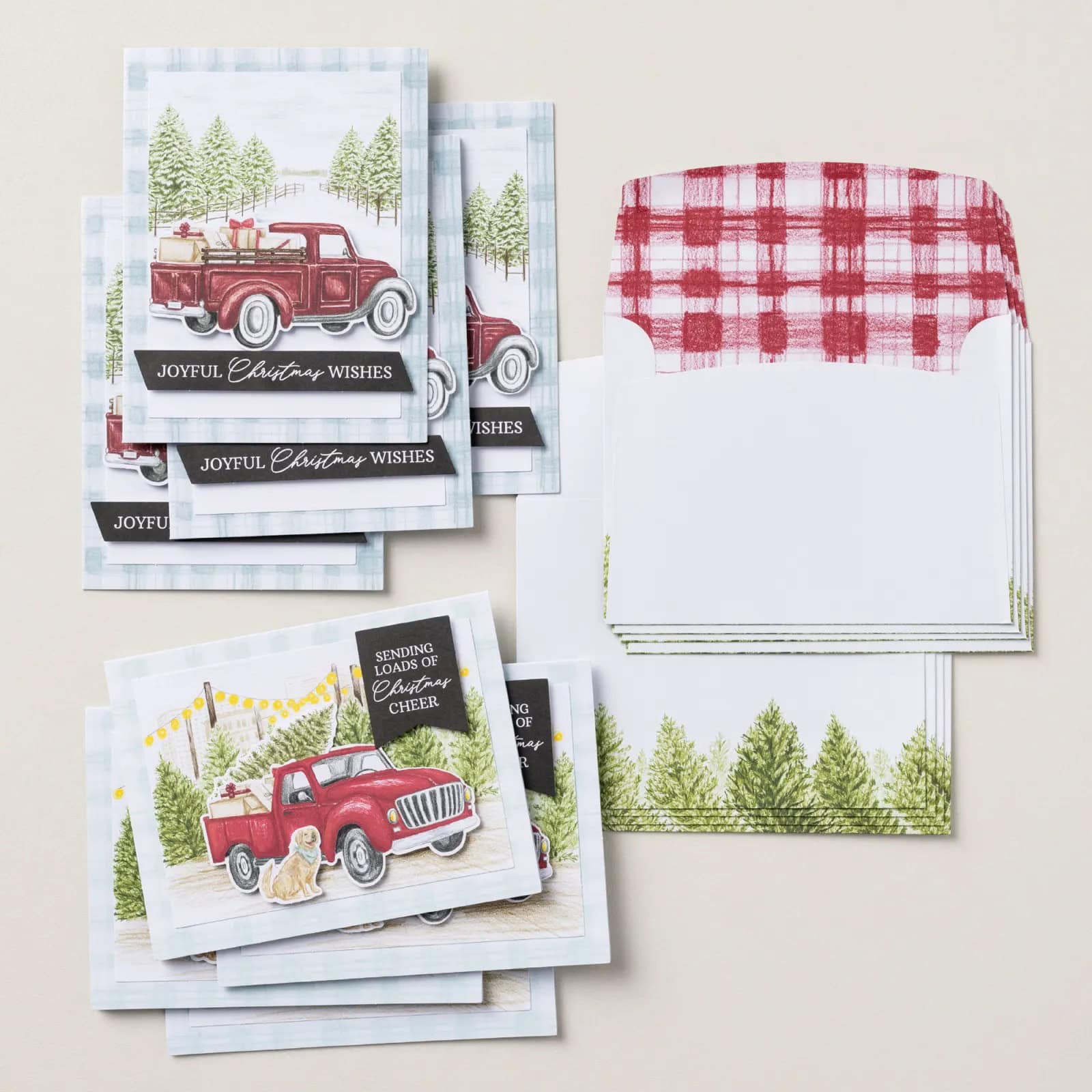 Road To Christmas Card Kit featuring handmade Christmas cards with a vintage red truck, snowy tree farm backgrounds, and festive preprinted sentiments.