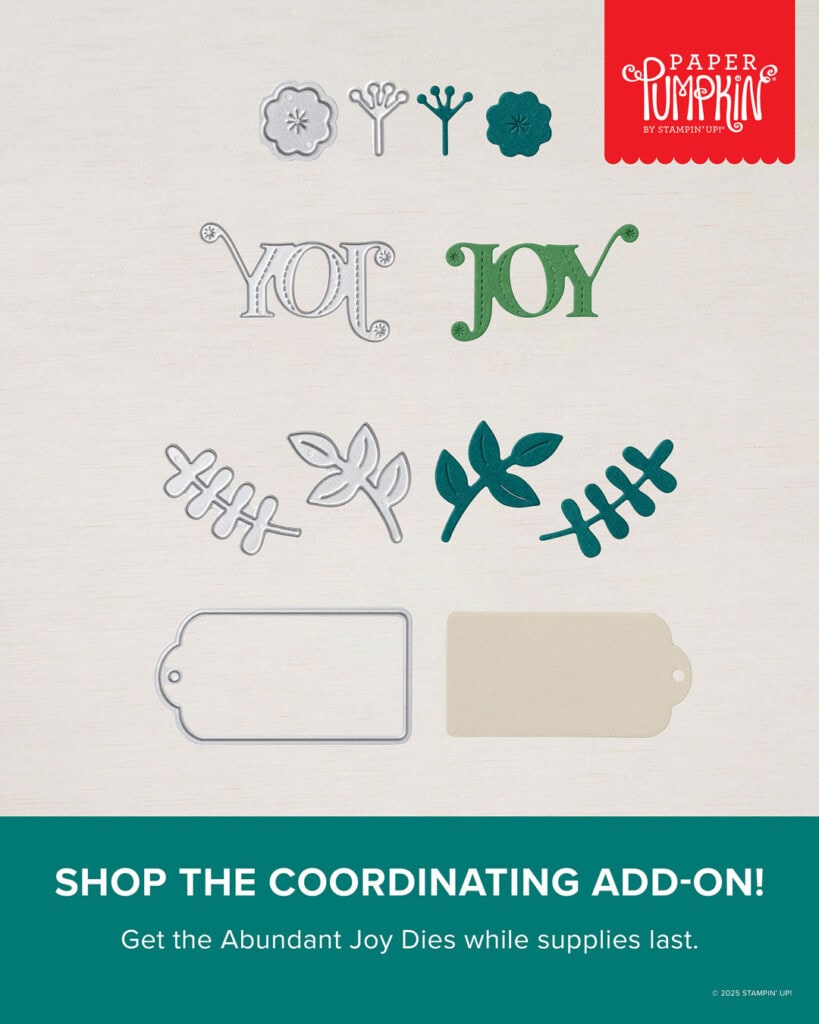 Monthly Crafting Subscription Box 3 Metal cutting dies and coordinating cutouts for Christmas crafting, including the word “JOY,” leaves, flowers, and a gift tag shape.