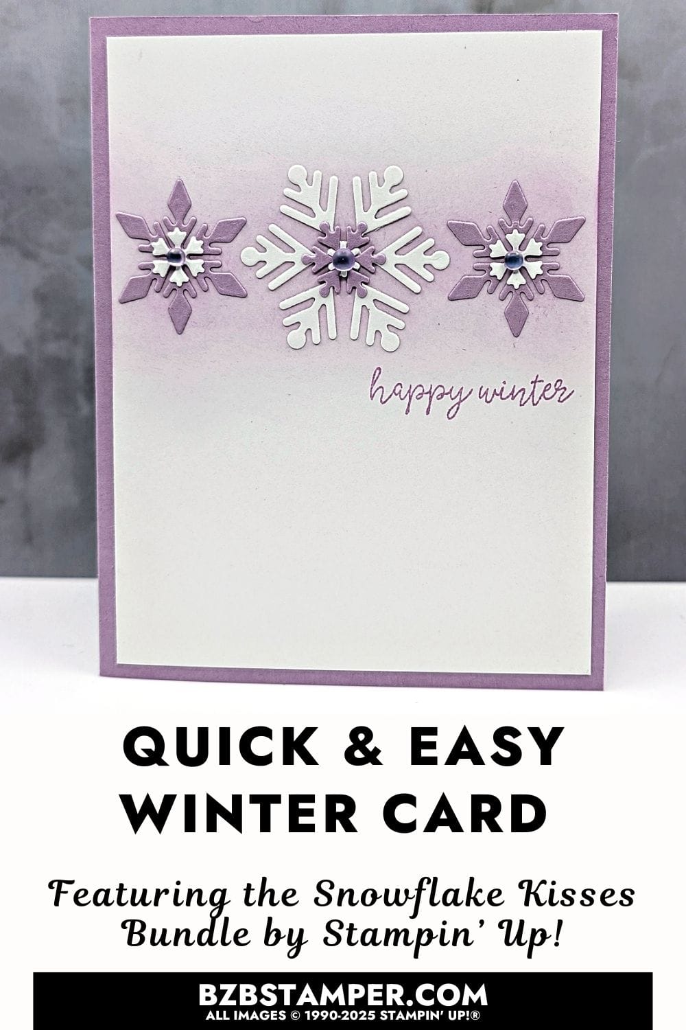Handmade Happy Winter card with Snowflake Kisses Bundle featuring layered die-cut snowflakes, Fresh Freesia ink background, and frosted iridescent dots.