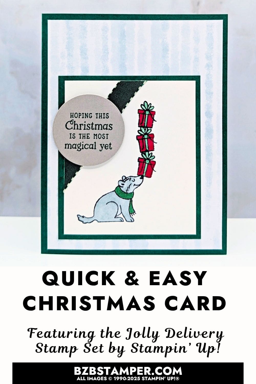 Cute Holiday Card Using the Jolly Delivery Stamps 5 Cute Holiday Card Using the Jolly Delivery Stamps featuring a cute dog carrying presents from the Jolly Delivery Stamp Set by Stampin’ Up!®. The card uses Cloud Cover Designer Paper in the background, a circular sentiment, and Shaded Spruce and Soft Sea Foam ribbon for a festive touch.