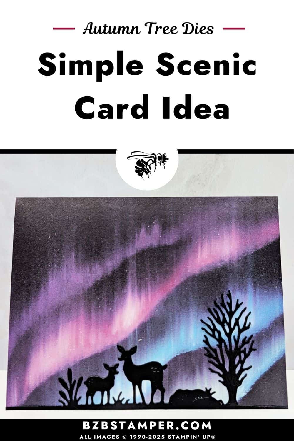 Magical Scenic Card using the Autumn Trees Dies with deer and tree silhouettes cut from Basic Black cardstock, layered over Lights of Aurora Designer Series Paper for a northern lights background in purples and blues.