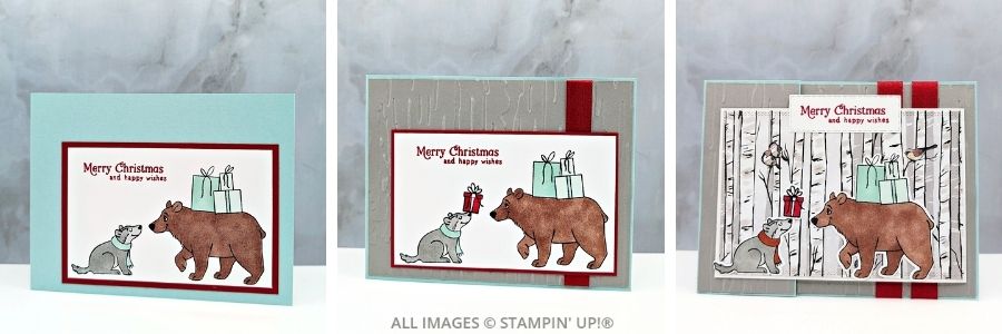 Collage of 3 Cards using the Jolly Delivery Bundle by Stampin’ Up! First card is simple with stamped bear and wolf. second card adds ribbon and background layers, third card features  birch tree pretty paper and fun-fold for a stepped-up “wow” version.