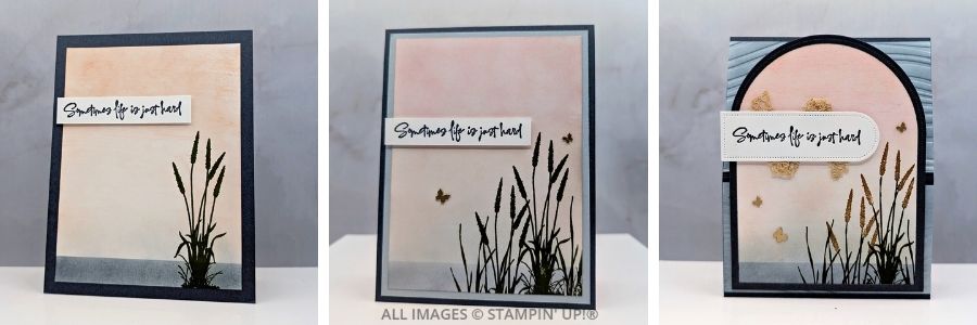 3 Cards using the Prairie Grass Stamp Set by Stampin’ Up!®. Each card features a soft blended background in Petal Pink and Secret Sea with stamped prairie grass in Mossy Meadow. The first is a simple version, the second adds layers and butterfly embellishments, and the third includes arched dies, embossed texture, and Brass Butterflies for a stepped-up look.