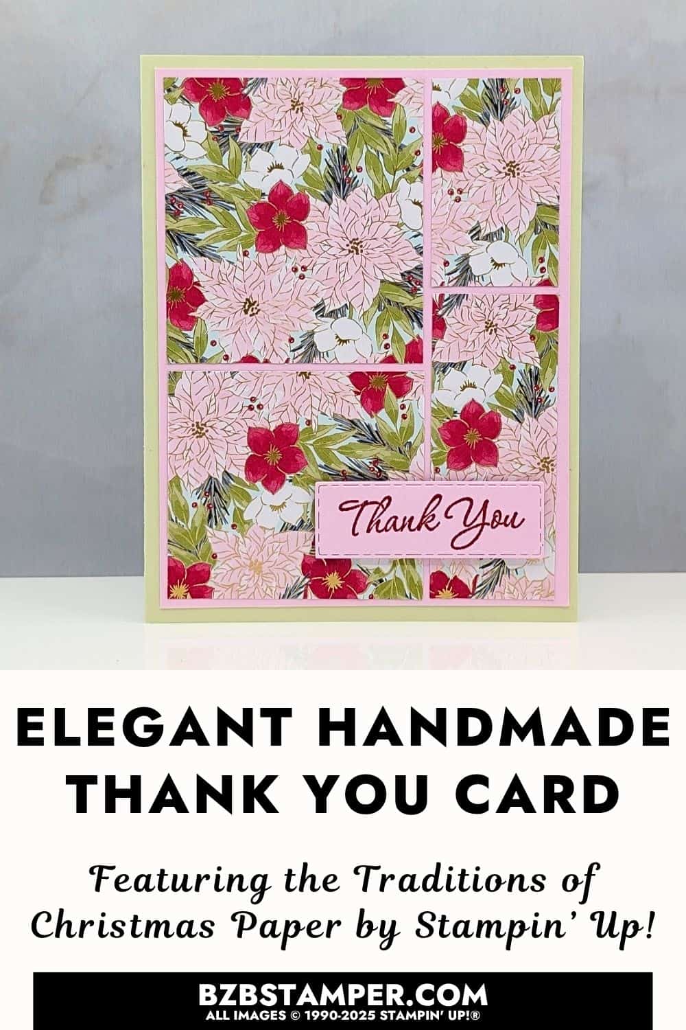 Coffee and a Card with Easy Paper Cutting Guide featuring floral patterned paper in red, pink, and green, layered on Soft Sea Foam cardstock with a stitched pink label reading “Thank You.”