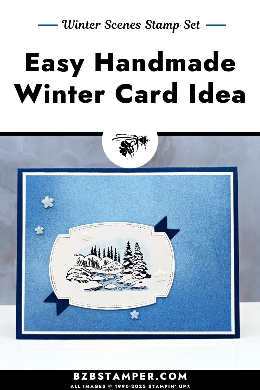 Winter Card using the Winter Scenes Stamp Set with a snowy landscape colored in Balmy Blue, framed with Traditional Labels Dies, layered on Lights of Aurora Designer Paper and Blueberry Bushel cardstock with Hues of Blue flower embellishments.