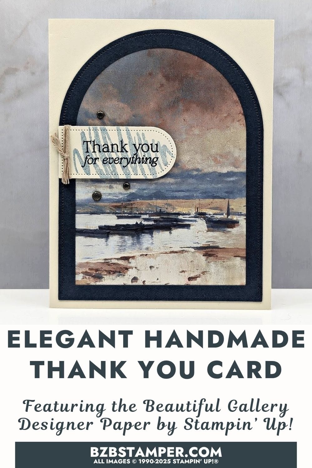 Coffee and a Card with Beautiful Gallery Paper creates a handmade thank-you card featuring a painterly harbor scene from the Stampin’ Up!® Beautiful Gallery Paper, layered with navy arch die cuts and sentiment tag.