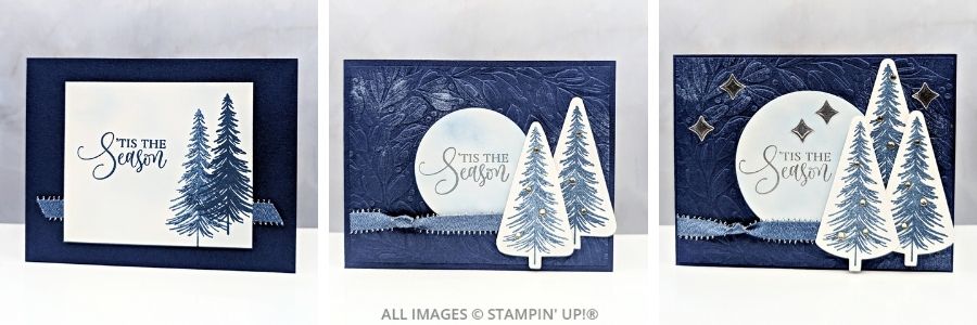 3 Cards Using The Ornamental Christmas Bundle by Stampin’ Up!®, featuring stamped and die-cut pine trees, embossed backgrounds, and silver foil accents in Night of Navy, Misty Moonlight, and Silver Foil.