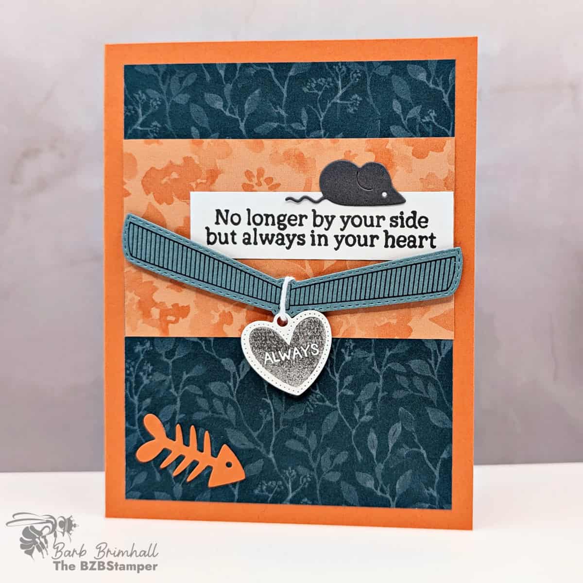 Handmade Sympathy Card for a Pet Owner featuring Pet Love Bundle with Timid Tiger base, Pretty Peacock ribbon, silver heart charm, and sentiment ‘No longer by your side but always in your heart.