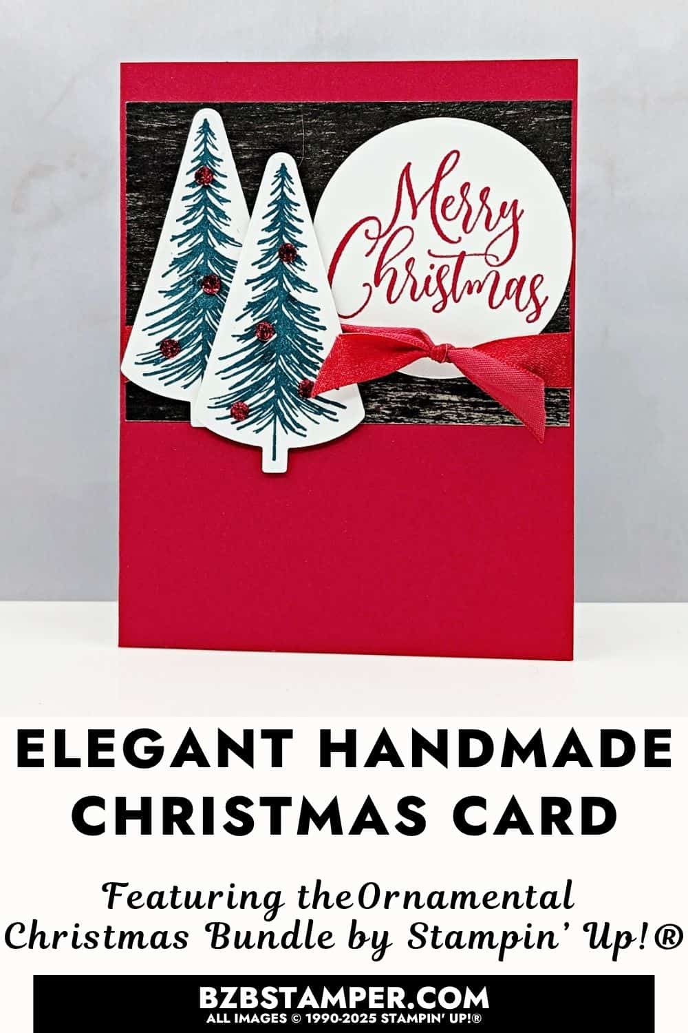 Handmade Merry Christmas Card Idea featuring Real Red cardstock, Pretty Peacock trees, Early Espresso patterned paper, and a red ribbon accent with a "Merry Christmas" sentiment on a circle.