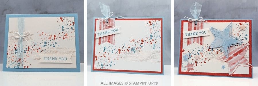 3 Cards using the Swirled Designs Bundle by Stampin’ Up!®, stamped in Balmy Blue, Petal Pink, and Calypso Coral, with layered stars, ribbon, and die-cut accents.