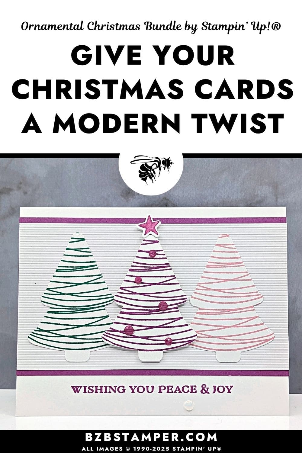 Pretty pastel Christmas Card Idea for the Holidays featuring 3 stamped trees 
in Petunia Pop, Shy Shamrock, and Pretty in Pink with Whispers of Texture Specialty Paper and Ornamental Christmas Dies by Stampin&rsquo; Up!&reg;, and a "Wishing You Peace & Joy" sentiment.