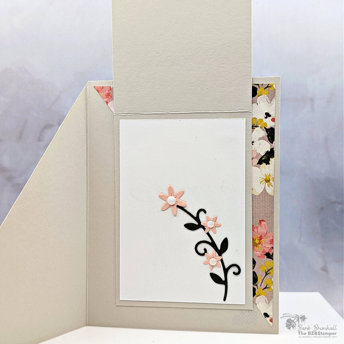 Coffee and a Card with the Delicate Framing Bundle  featuring a fun fold with soft floral paper and Petal Pink die-cut accents and a "So Very Thankful" sentiment.
