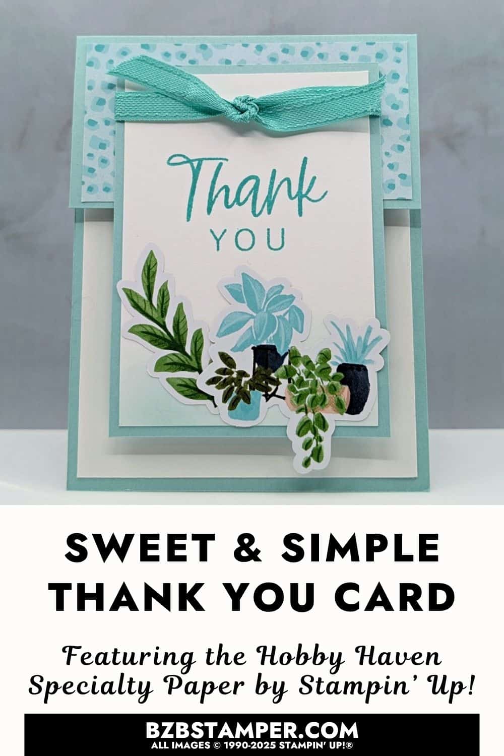 Coffee and a Card with Hobby Haven Specialty Paper in soft aqua tones with thank-you greeting and cluster of potted plant.