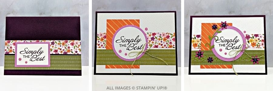 3 cards using the Delicate Framing Bundle feature layered floral paper, a sentiment panel reading &ldquo;Simply the Best,&rdquo; and accents in deep purple, pink, and olive green.