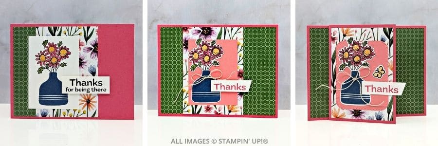 3 Cards using the Pop-Up Petals Bundle in a Collage format featuring a blue vase with bright pink flowers, floral patterned papers, green side panels, and simple thanks sentiments.