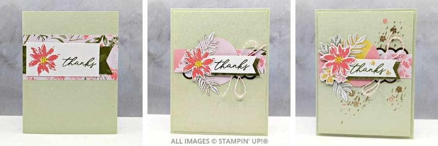 3 Thank You Cards using the 12 Days of Crafting Advent Kit featuring a Collage of three handmade thank you cards in soft greens and pinks with floral accents and layered details.