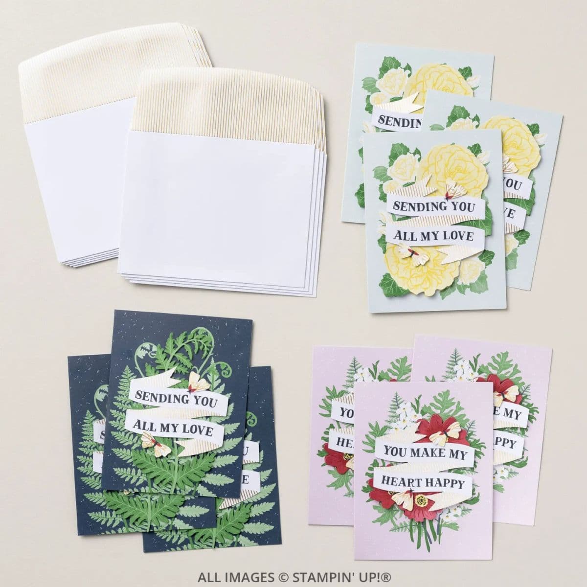 Banner Botanicals All-Inclusive Kit featuring handmade greeting cards in soft floral designs shown with matching envelopes, featuring botanical images and banner sentiments in coordinated colors.