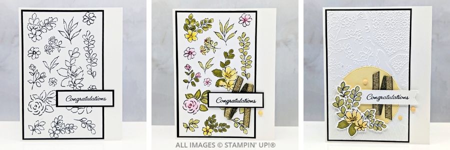 3 Cards using the Extraordinary Flora Bundle featuring black outlined floral images, soft yellow and green accents, and a congratulations sentiment on a white background.
