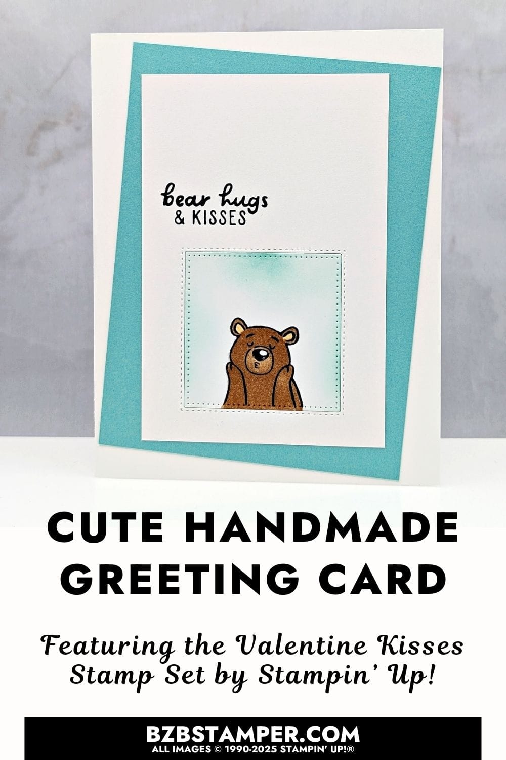 Bear Hugs with the Valentines Kisses Stamp Set featuring a brown bear inside a stitched square window, soft blue background, and simple greeting.