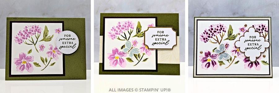 3 Cards Using the 12 Days of Advent Calendar Kit displayed side by side, each with pink and purple flowers and green leaves on a white background. The designs progress from simple to more detailed, with layered sentiments and decorative accents on dark green card bases.