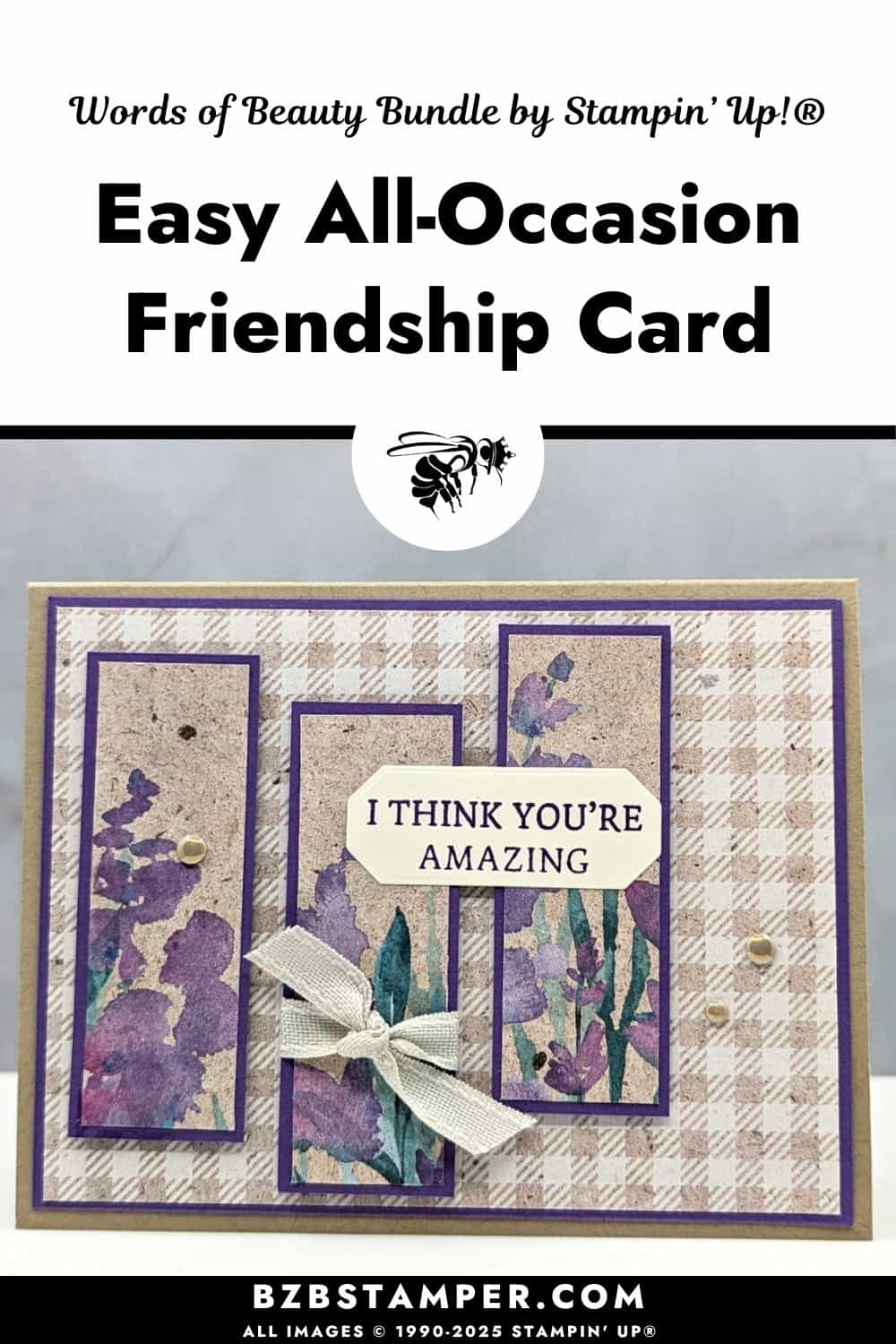 Coffee and a Card with the Words of Beauty Bundle featuring layered paper strips, a ribbon accent, and a centered sentiment label in soft neutral and purple shades.