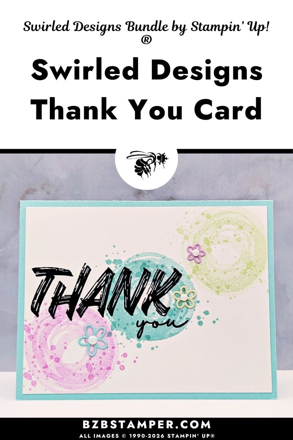 Thank You Card using the Swirled Designs Bundle featuring a handmade thank you card with soft pastel swirls, bold black lettering, and small floral accents on a white background.