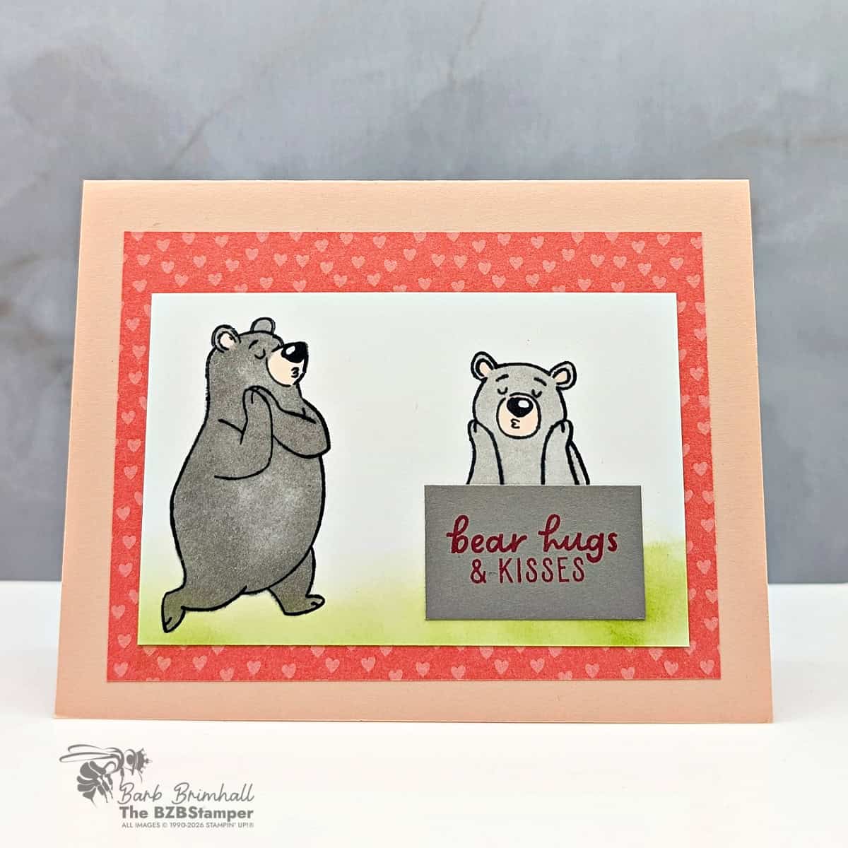 Cute bear hugs greeting card with adorable bears and "bear hugs & kisses" message for loved ones.